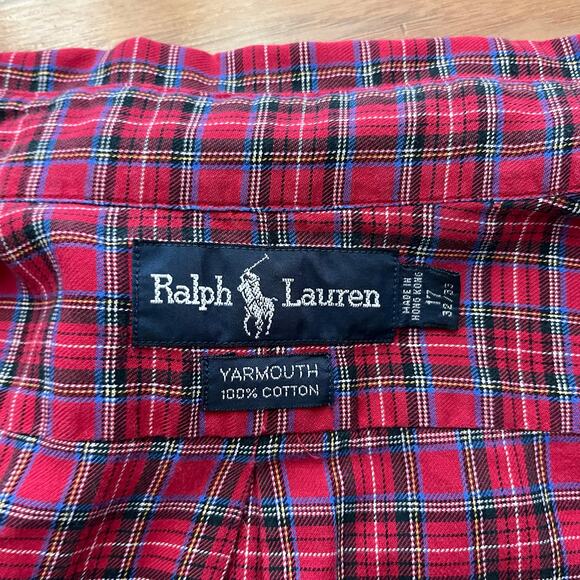 Ralph Lauren Yarmouth Shirt Size 17 Plaid Red Cotton Button Collar Long Sleeve - Picture 2 of 7